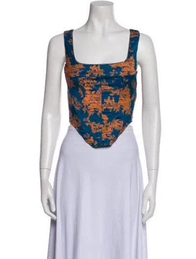 Pre-owned Miaou Floral Print Square Neckline Crop Top In Blue