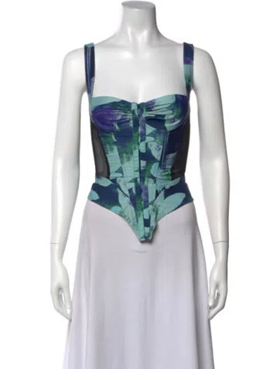 Pre-owned Miaou Floral Print Square Neckline Crop Top In Blue