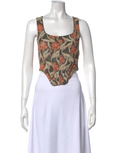 Pre-owned Miaou Floral Print Square Neckline Crop Top In Green