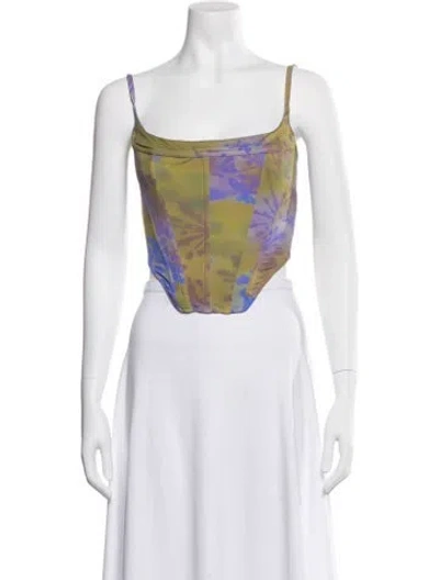 Pre-owned Miaou Floral Print Square Neckline Crop Top In Green