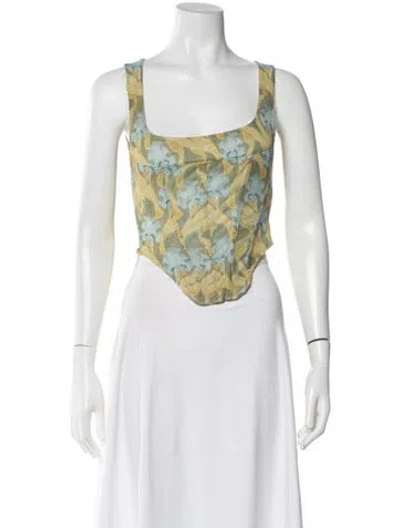 Pre-owned Miaou Floral Print Square Neckline Crop Top In Green