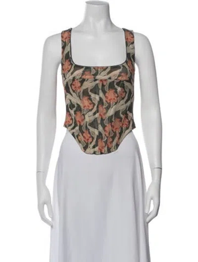 Pre-owned Miaou Floral Print Square Neckline Crop Top In Green/neutrals
