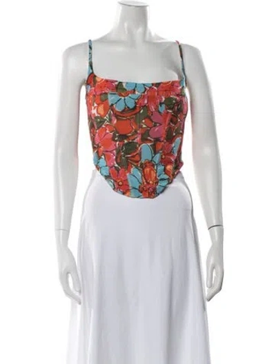 Pre-owned Miaou Floral Print Square Neckline Crop Top In Orange