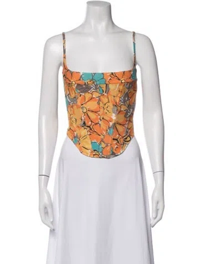 Pre-owned Miaou Floral Print Square Neckline Crop Top In Orange