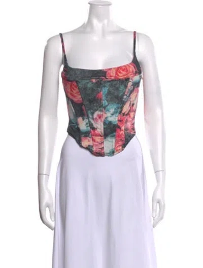 Pre-owned Miaou Floral Print Square Neckline Crop Top W/ Tags In Green