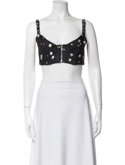 Pre-owned Miaou Floral Print Square Neckline Crop Top In White