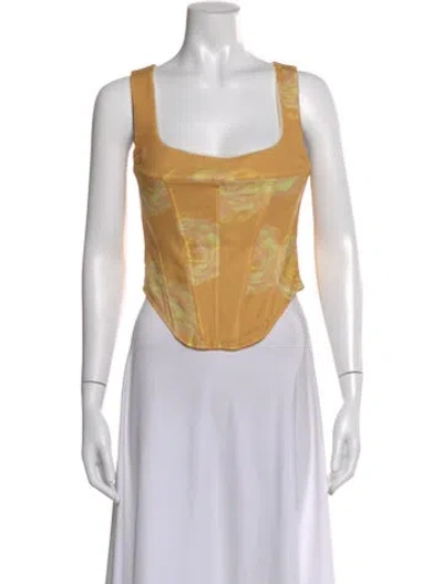 Pre-owned Miaou Floral Print Square Neckline Crop Top In Yellow