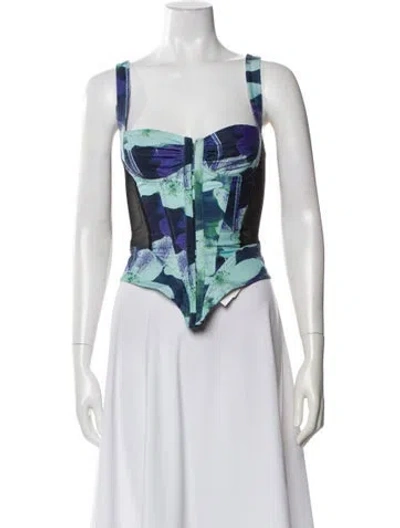 Pre-owned Miaou Floral Print Square Neckline Top In Blue