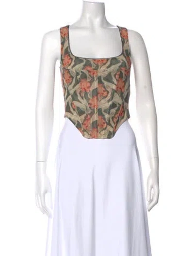 Pre-owned Miaou Floral Print Square Neckline Top In Green