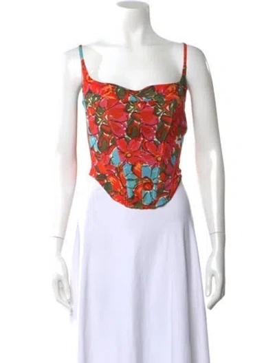 Pre-owned Miaou Floral Print Square Neckline Top In Orange