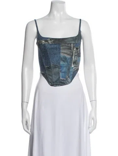 Pre-owned Miaou Graphic Print Square Neckline Crop Top In Blue