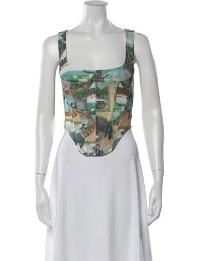 Pre-owned Miaou Graphic Print Square Neckline Crop Top In Green/neutrals
