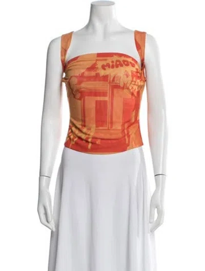 Pre-owned Miaou Graphic Print Square Neckline Top In Orange/red