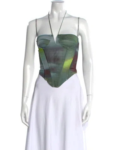 Pre-owned Miaou Patterned Halterneck Crop Top W/ Tags In Green