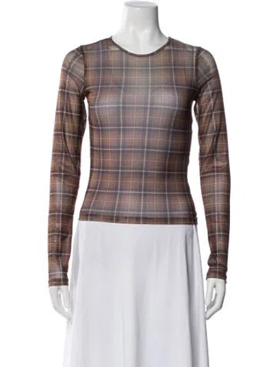Pre-owned Miaou Plaid Print Crew Neck Top In Brown