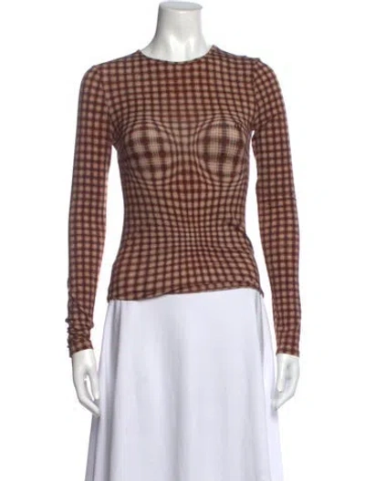 Pre-owned Miaou Plaid Print Crew Neck Top In Brown