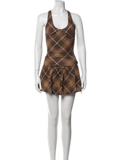 Pre-owned Miaou Plaid Print Halterneck Romper In Brown