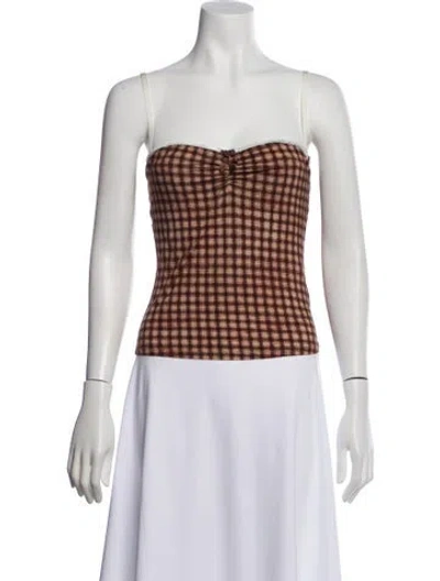 Pre-owned Miaou Plaid Print Square Neckline Crop Top In Brown