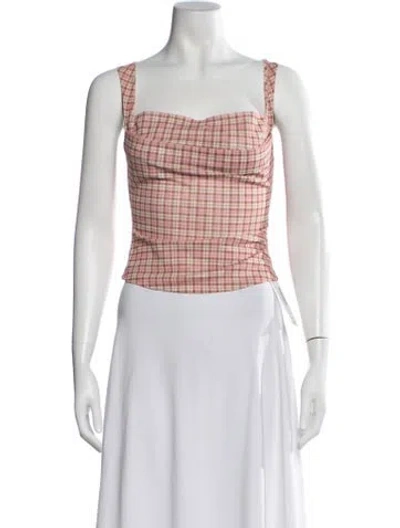 Pre-owned Miaou Plaid Print Square Neckline Crop Top In Pink