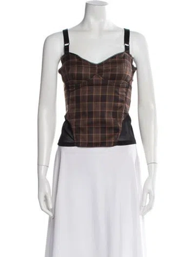 Pre-owned Miaou Plaid Print V-neck Crop Top In Black