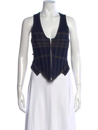 Pre-owned Miaou Plaid Print V-neck Top In Blue