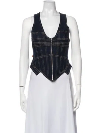 Pre-owned Miaou Plaid Print V-neck Top In Blue