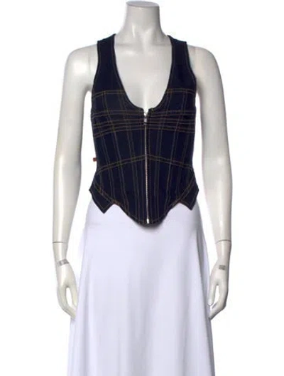 Pre-owned Miaou Plaid Print V-neck Top W/ Tags In Blue