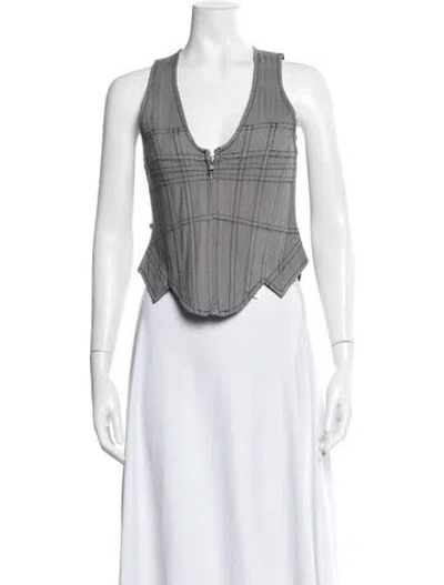 Pre-owned Miaou Plaid Print V-neck Top W/ Tags In Grey