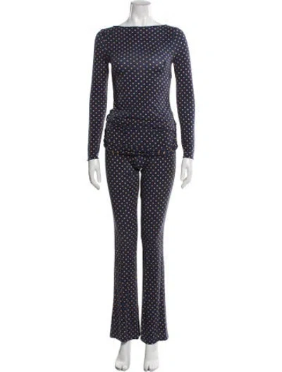 Pre-owned Miaou Polka Dot Print Embroidered Accent Pant Set In Blue