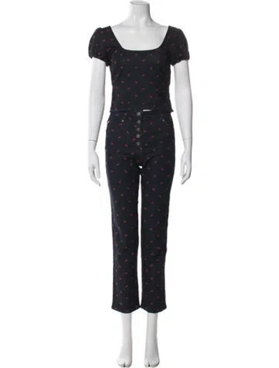 Pre-owned Miaou Printed Embroidered Accent Pant Set In Blue