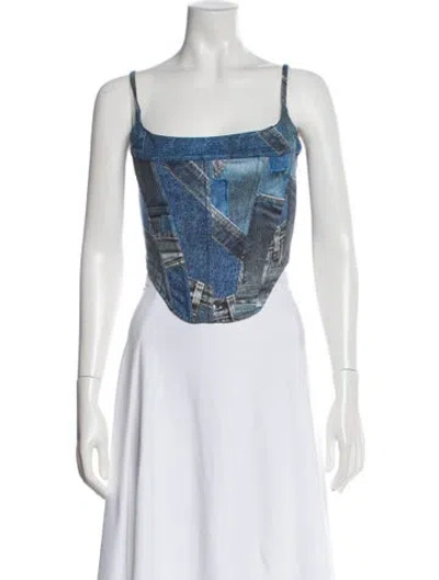 Pre-owned Miaou Printed Square Neckline Crop Top In Blue