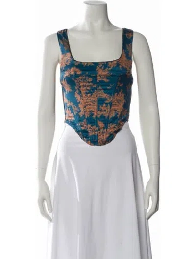 Pre-owned Miaou Printed Square Neckline Crop Top In Blue