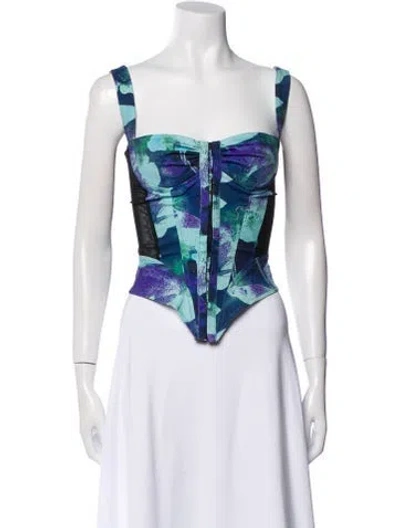 Pre-owned Miaou Printed Square Neckline Crop Top In Blue