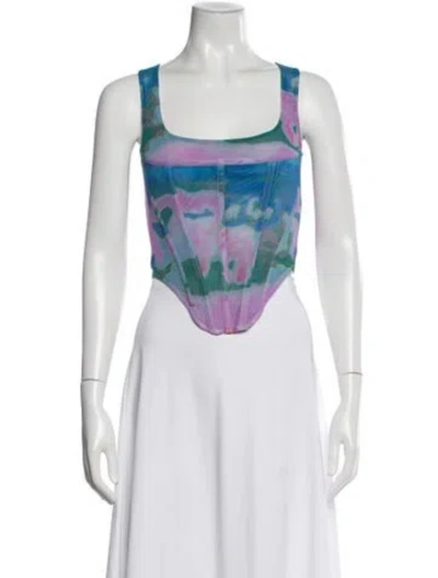 Pre-owned Miaou Printed Square Neckline Crop Top In Blue