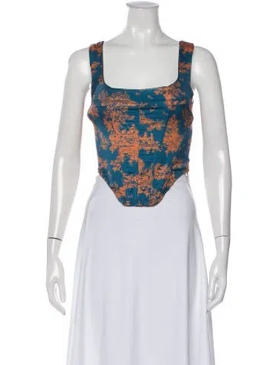 Pre-owned Miaou Printed Square Neckline Crop Top In Blue