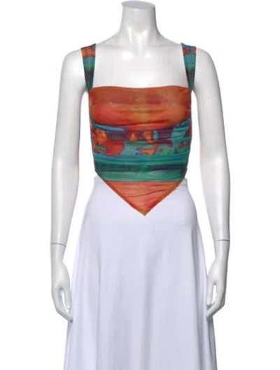 Pre-owned Miaou Printed Square Neckline Crop Top In Green/orange