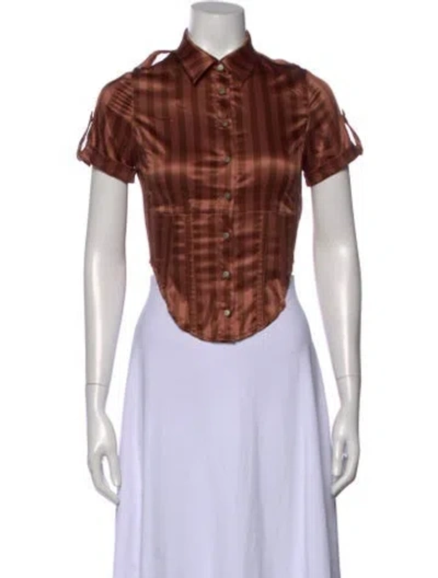 Pre-owned Miaou Striped Short Sleeve Button-up Top In Brown
