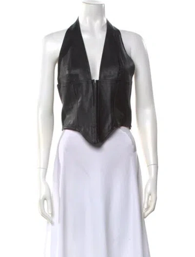 Pre-owned Miaou Vegan Leather V-neck Crop Top In Black