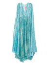 Miau By Clara Rotescu Cape-sleeve Printed Maxi Dress In Blue