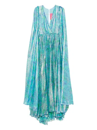 Miau By Clara Rotescu Cape-sleeve Printed Maxi Dress In Blue