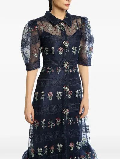 Miau By Clara Rotescu Dima Floral-embroidered Tiered Dress In Blue