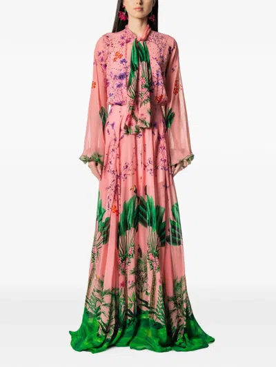 Miau By Clara Rotescu Floral-print Pussy-bow Maxi Dress In Pink