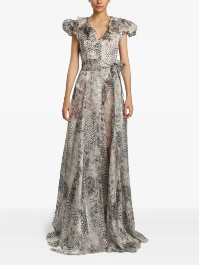 Miau By Clara Rotescu Irina Snakeskin-print Ruffled Gown In Gray