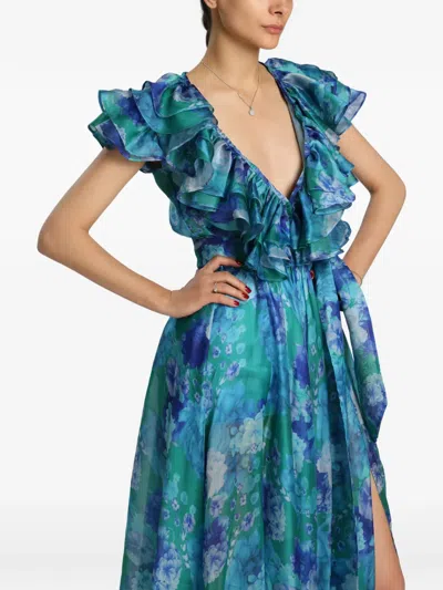 Miau By Clara Rotescu Joanna Floral-print Ruffled Gown In Blue