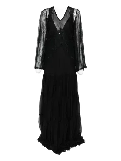 Miau By Clara Rotescu Lace-panel Tiered Maxi Dress In Black