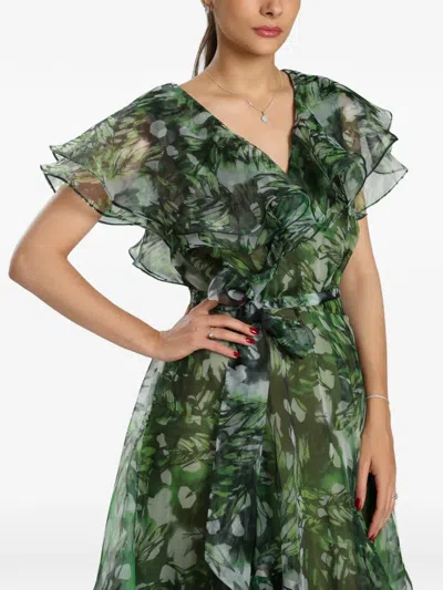 Miau By Clara Rotescu Leaf-print Ruffled Maxi Dress In Black