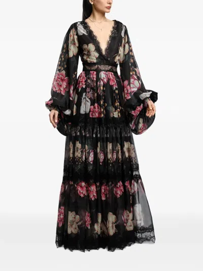 Miau By Clara Rotescu Lopez Floral Lace-trim Maxi Dress In Black