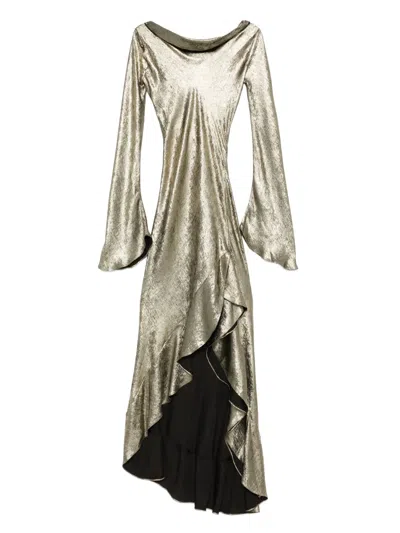Miau By Clara Rotescu Lyra Ruffled-trim Bell-sleeve Maxi Dress In Gold