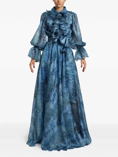 Miau By Clara Rotescu Oceana Ruffled Snake-print Maxi Dress In Blue