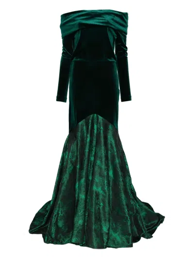 Miau By Clara Rotescu Off-shoulder Floral Maxi Dress In Green